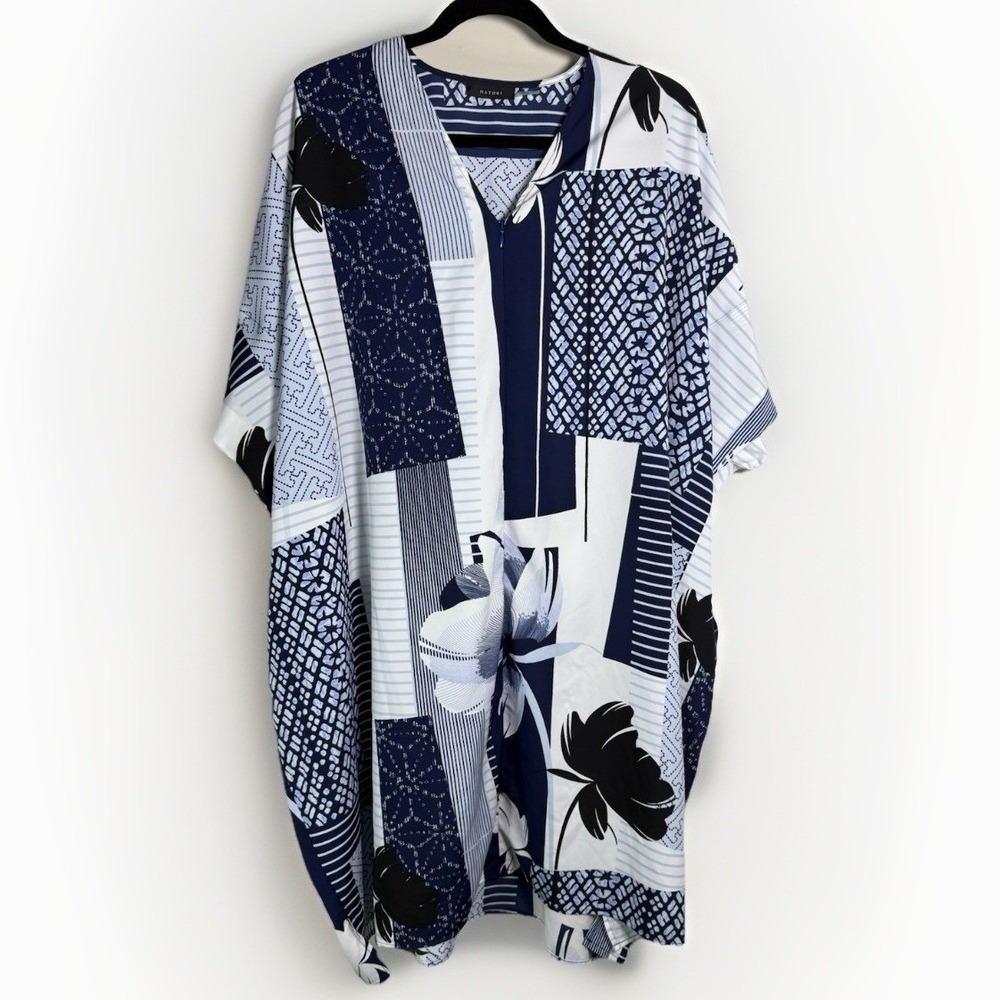 Natori Women Navy White Patchwork Floral Geometric Caftan Maxi Dress XS Pockets - Picture 3 of 7